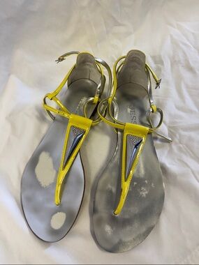 Guess Yellow and Silver T-Strap Flat Sandals